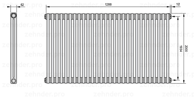 Схема (чертеж) Радиатор Zehnder Charleston 2200/28 №7610 Белый глянцевый RAL 9016